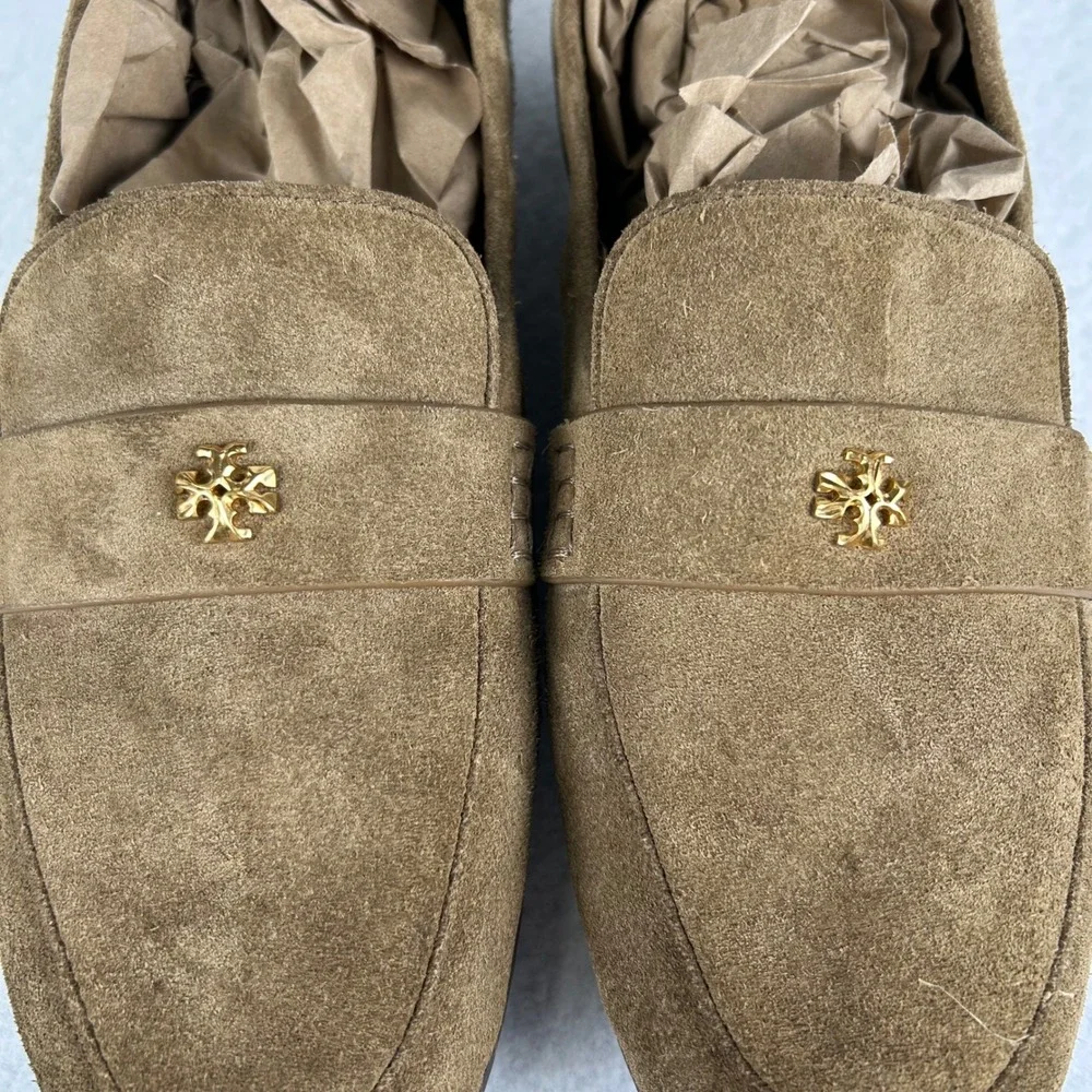 Tory Burch Loafers Womens Size 11M Tan Brown Suede Double T Logo Penny Shoes